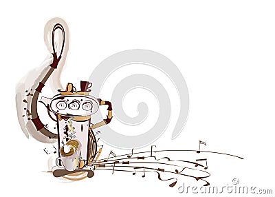 Coffee music. Abstract treble clef decorated with coffee wave, beans and a cup. Vector Illustration